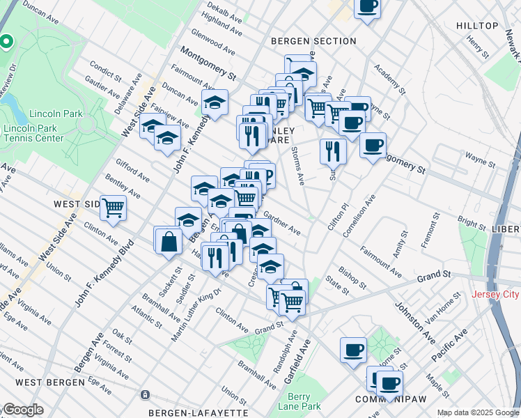 map of restaurants, bars, coffee shops, grocery stores, and more near 73 Gardner Avenue in Jersey City