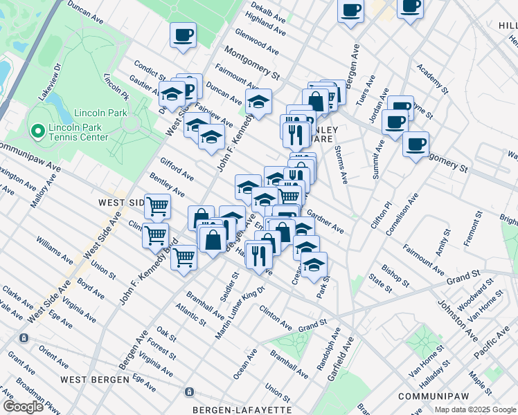 map of restaurants, bars, coffee shops, grocery stores, and more near 590 Bergen Avenue in Jersey City