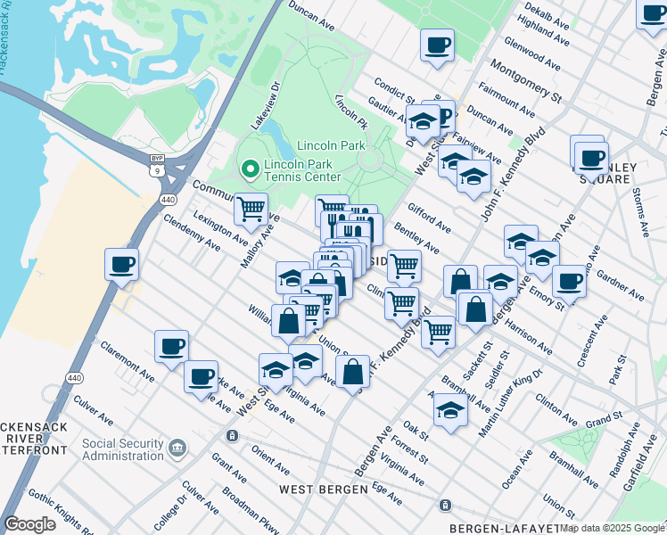 map of restaurants, bars, coffee shops, grocery stores, and more near in Jersey City