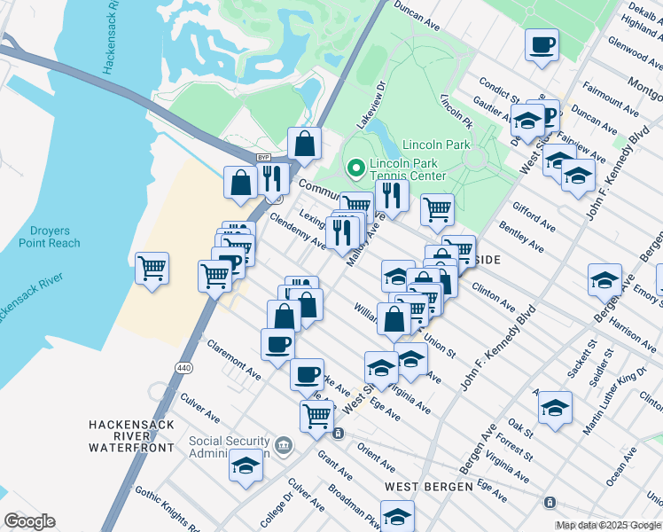 map of restaurants, bars, coffee shops, grocery stores, and more near 12 Miller Street in Jersey City