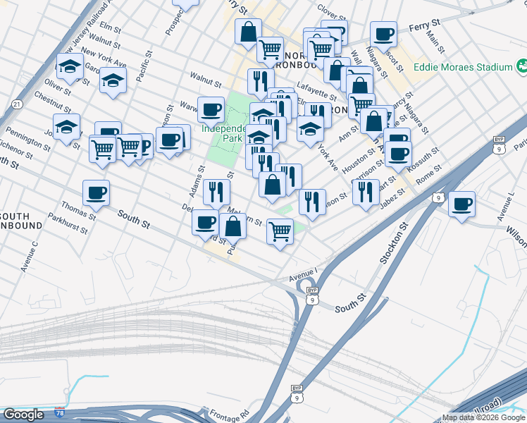 map of restaurants, bars, coffee shops, grocery stores, and more near 407 Chestnut Street in Newark