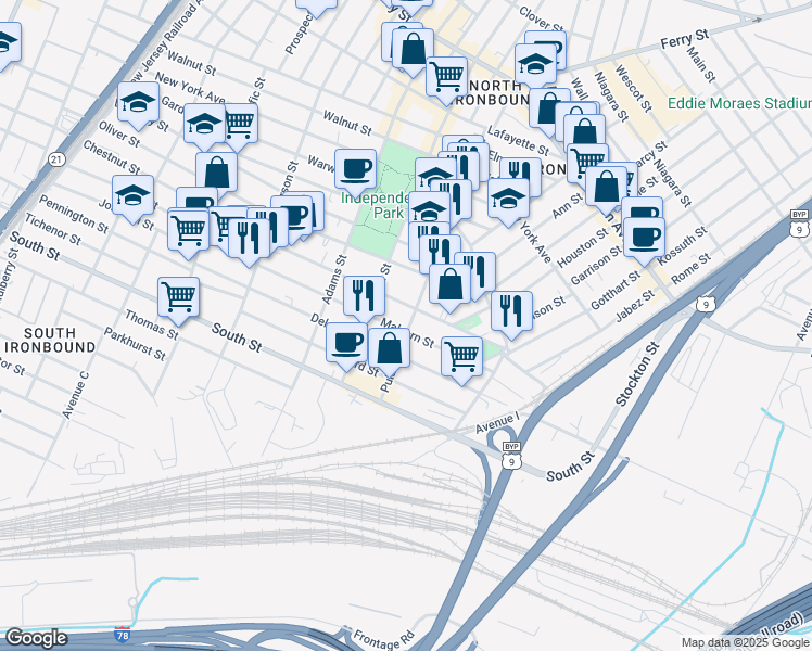 map of restaurants, bars, coffee shops, grocery stores, and more near 162 Delancy Street in Newark