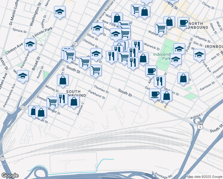 map of restaurants, bars, coffee shops, grocery stores, and more near 200 Pacific Street in Newark