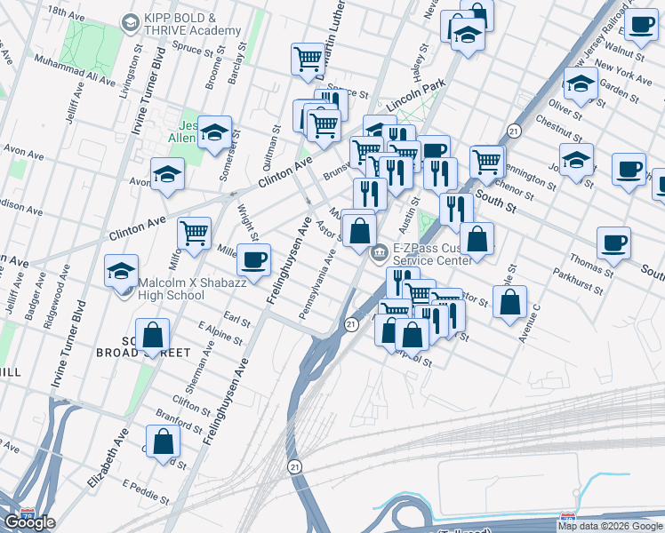 map of restaurants, bars, coffee shops, grocery stores, and more near 137 Pennsylvania Avenue in Newark