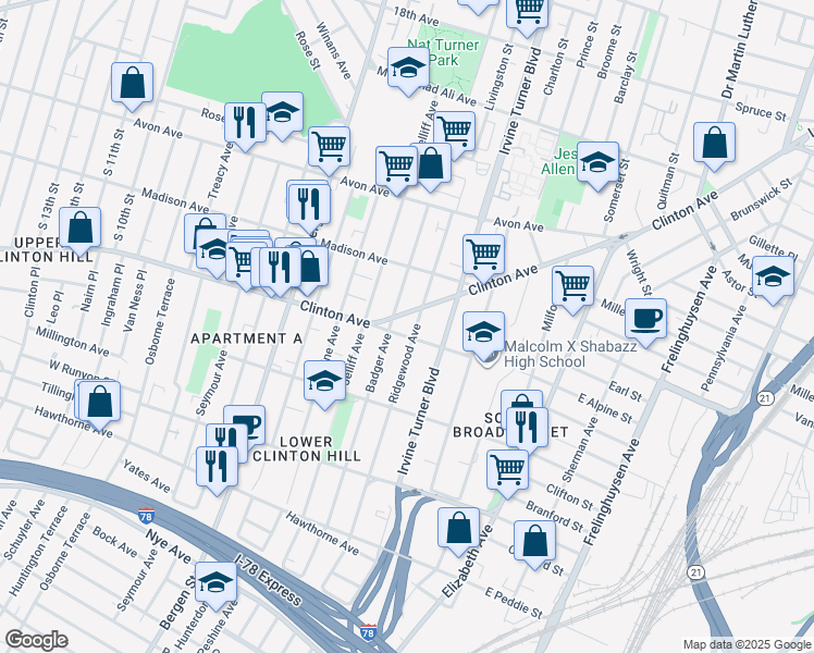 map of restaurants, bars, coffee shops, grocery stores, and more near 107 West Alpine Street in Newark