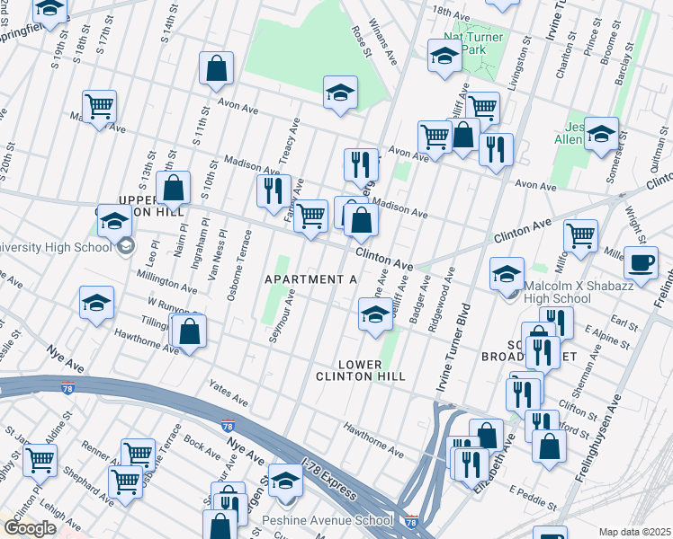 map of restaurants, bars, coffee shops, grocery stores, and more near 686 Bergen Street in Newark