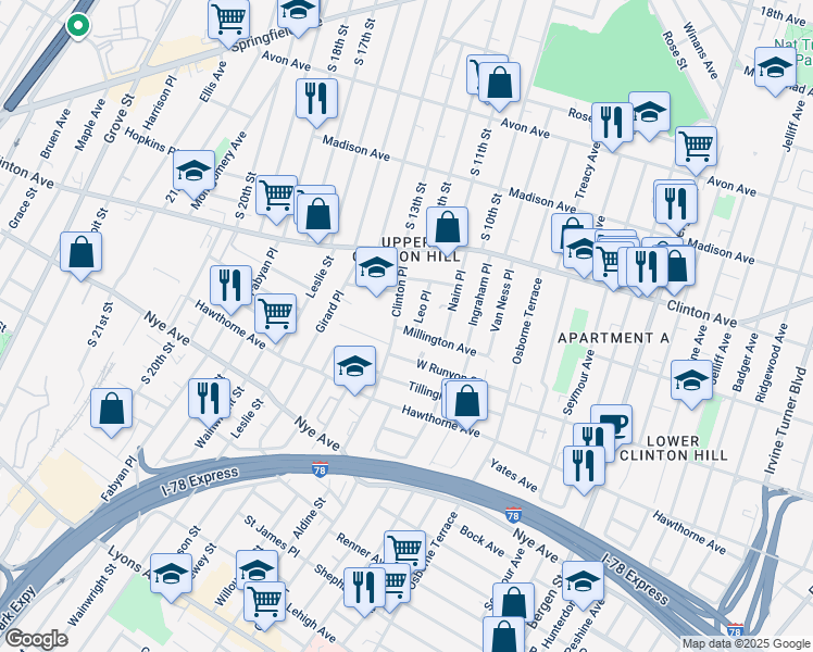 map of restaurants, bars, coffee shops, grocery stores, and more near 59 Millington Avenue in Newark
