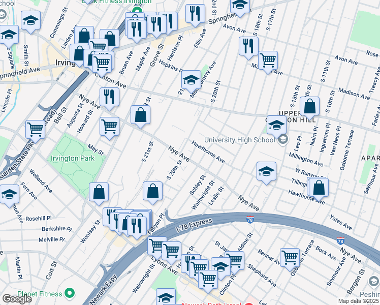 map of restaurants, bars, coffee shops, grocery stores, and more near in Newark