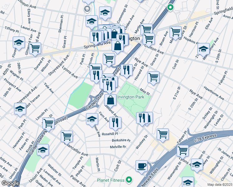 map of restaurants, bars, coffee shops, grocery stores, and more near 165 Augusta Street in Irvington