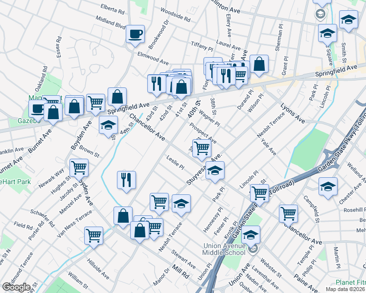 map of restaurants, bars, coffee shops, grocery stores, and more near 940 Chancellor Avenue in Irvington