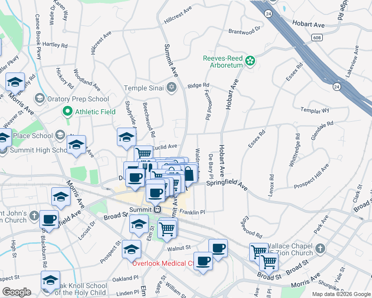 map of restaurants, bars, coffee shops, grocery stores, and more near 145 Summit Avenue in Summit