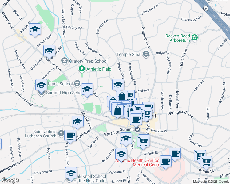 map of restaurants, bars, coffee shops, grocery stores, and more near 19 Hillside Avenue in Summit