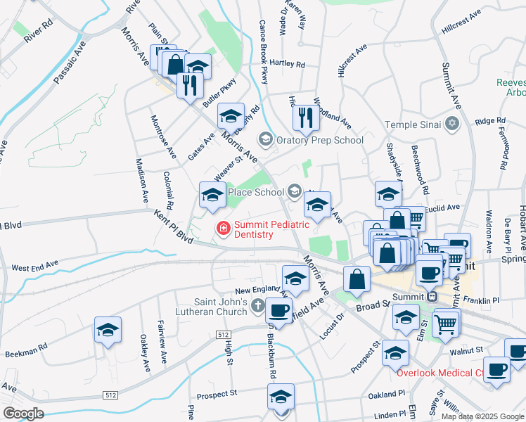 map of restaurants, bars, coffee shops, grocery stores, and more near 23 Edgar Street in Summit