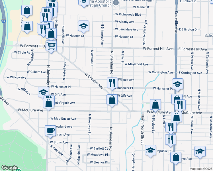 map of restaurants, bars, coffee shops, grocery stores, and more near 707 West Hanssler Place in Peoria