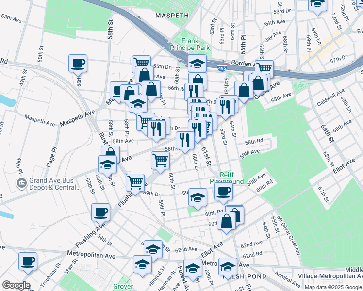 map of restaurants, bars, coffee shops, grocery stores, and more near 60-78 Flushing Avenue in Queens