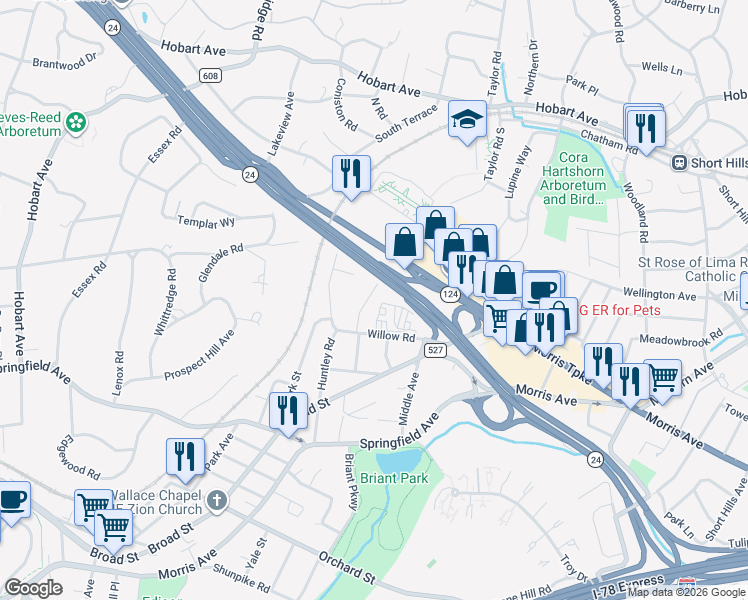 map of restaurants, bars, coffee shops, grocery stores, and more near 36 Milton Avenue in Summit