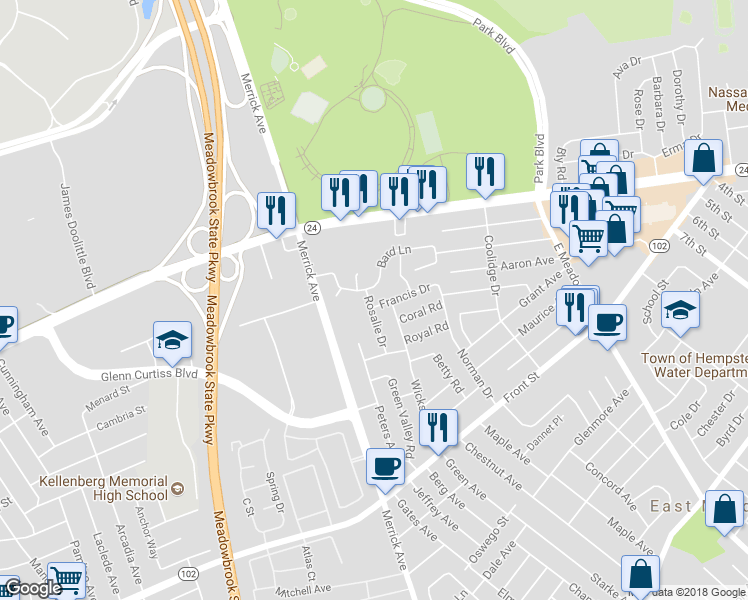 map of restaurants, bars, coffee shops, grocery stores, and more near 105 Rosalie Drive in East Meadow