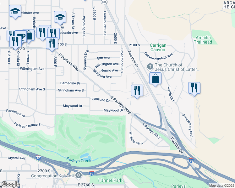 map of restaurants, bars, coffee shops, grocery stores, and more near 2645 East Parleys Way in Salt Lake City