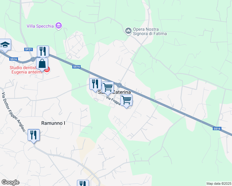 map of restaurants, bars, coffee shops, grocery stores, and more near 30 Via Bari in Santa Caterina
