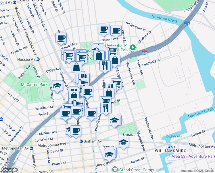map of restaurants, bars, coffee shops, grocery stores, and more near 117 Kingsland Avenue in Brooklyn