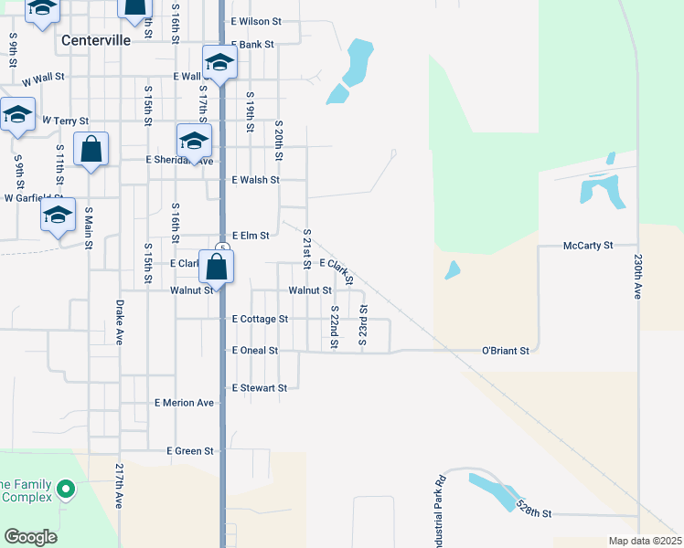 map of restaurants, bars, coffee shops, grocery stores, and more near East Clark Street in Centerville