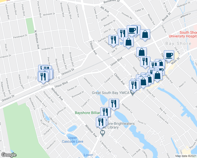 map of restaurants, bars, coffee shops, grocery stores, and more near 51 Lanier Lane in Bay Shore