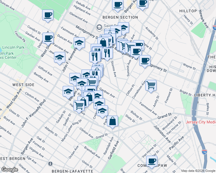 map of restaurants, bars, coffee shops, grocery stores, and more near 35 Jewett Avenue in Jersey City