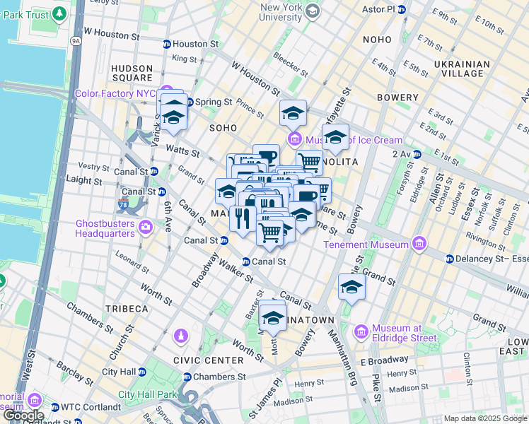 map of restaurants, bars, coffee shops, grocery stores, and more near 138 Grand Street in New York
