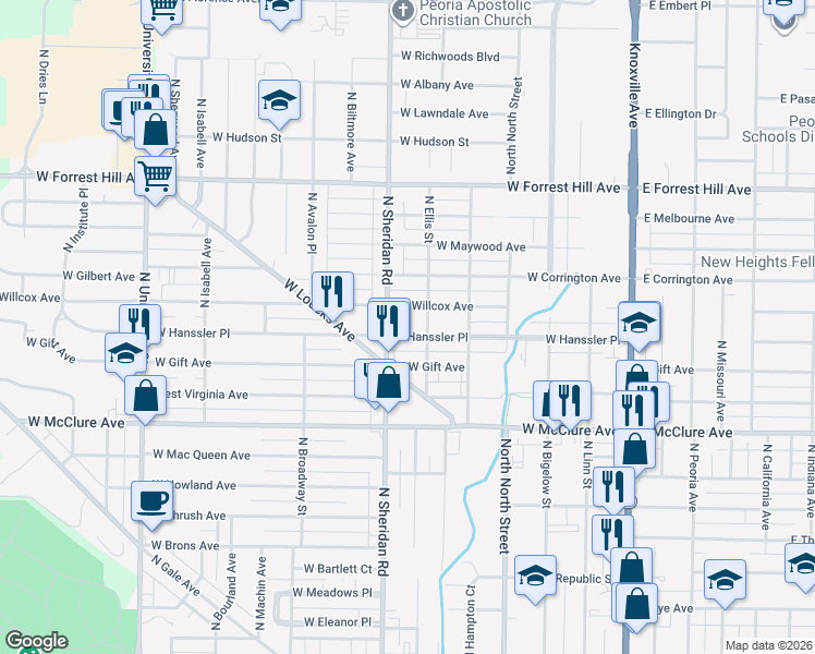 map of restaurants, bars, coffee shops, grocery stores, and more near 611 West Hanssler Place in Peoria