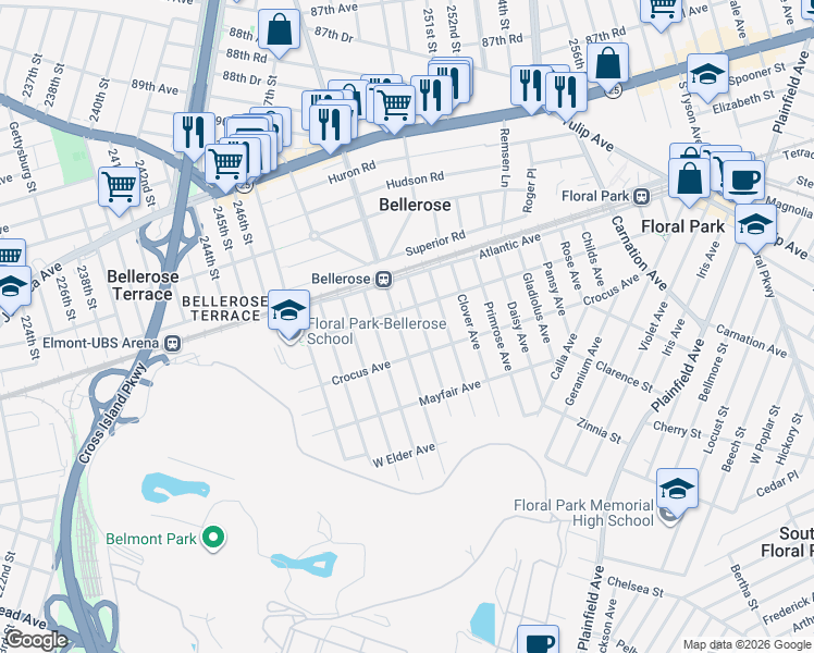 map of restaurants, bars, coffee shops, grocery stores, and more near 24 Walnut Avenue in Floral Park