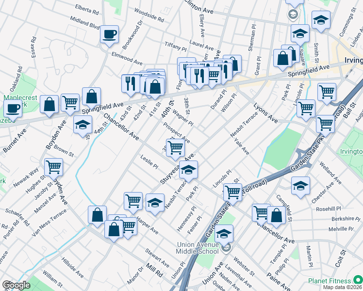 map of restaurants, bars, coffee shops, grocery stores, and more near 128 South Durand Place in Irvington