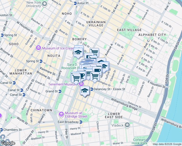 map of restaurants, bars, coffee shops, grocery stores, and more near 143 Ludlow Street in New York