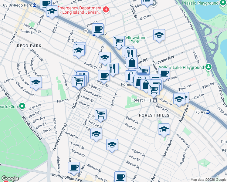 map of restaurants, bars, coffee shops, grocery stores, and more near 68-35 Clyde Street in Queens