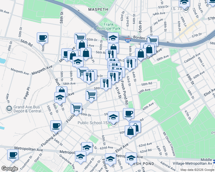 map of restaurants, bars, coffee shops, grocery stores, and more near 60-78 Flushing Avenue in Queens