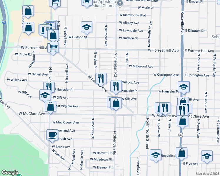 map of restaurants, bars, coffee shops, grocery stores, and more near 707 West Hanssler Place in Peoria