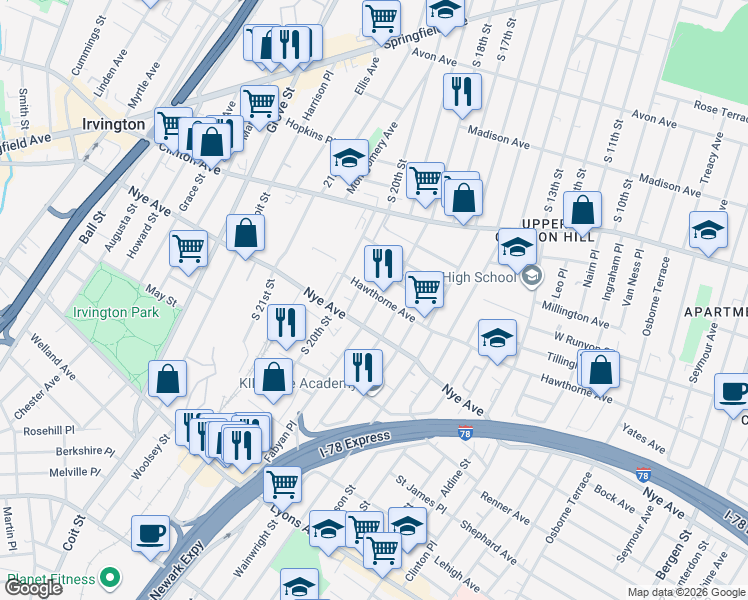 map of restaurants, bars, coffee shops, grocery stores, and more near 554 Hawthorne Avenue in Newark
