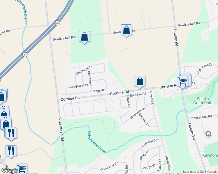 map of restaurants, bars, coffee shops, grocery stores, and more near 49 Moor Drive in Easton