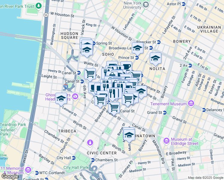 map of restaurants, bars, coffee shops, grocery stores, and more near in New York