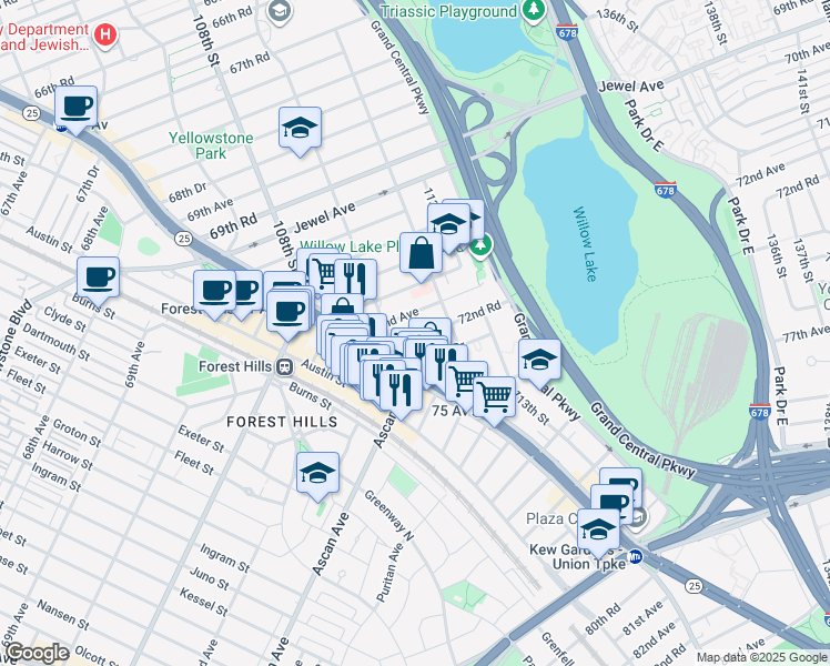 map of restaurants, bars, coffee shops, grocery stores, and more near 110-42 72nd Road in Queens