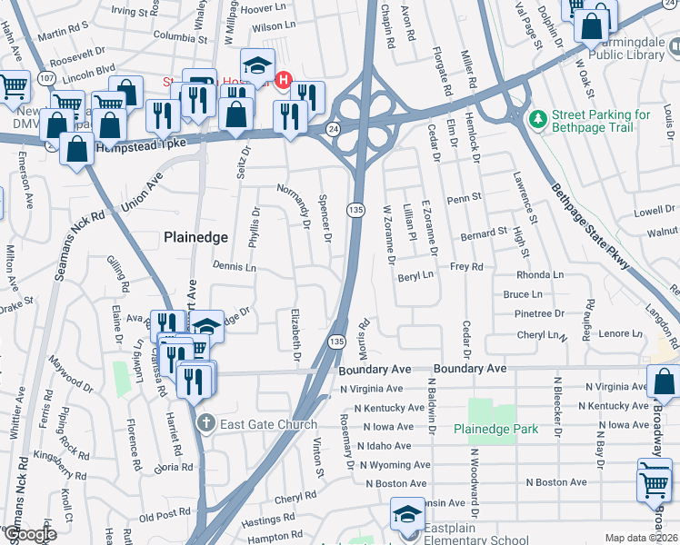 map of restaurants, bars, coffee shops, grocery stores, and more near 22 North Brittany Drive in Bethpage