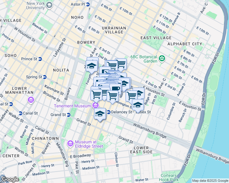 map of restaurants, bars, coffee shops, grocery stores, and more near 113 Rivington Street in New York