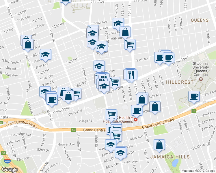 map of restaurants, bars, coffee shops, grocery stores, and more near 79-13 Parsons Boulevard in Queens