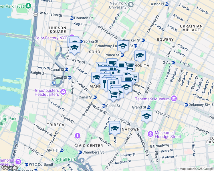map of restaurants, bars, coffee shops, grocery stores, and more near 138 Grand Street in New York