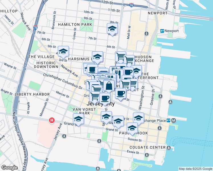 map of restaurants, bars, coffee shops, grocery stores, and more near 343 Marin Boulevard in Jersey City