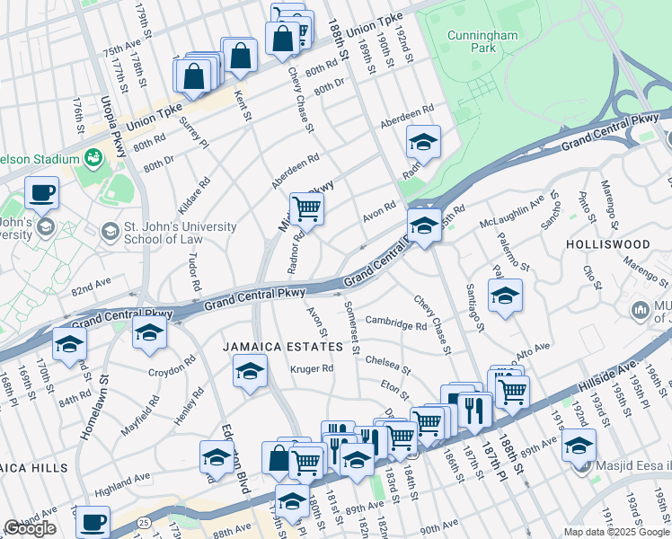 map of restaurants, bars, coffee shops, grocery stores, and more near 182-31 Grand Central Parkway in Queens