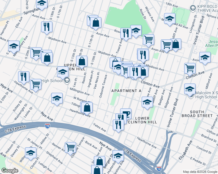 map of restaurants, bars, coffee shops, grocery stores, and more near 54-56 Osborne Terrace in Newark