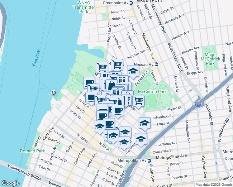 map of restaurants, bars, coffee shops, grocery stores, and more near 135 North 11th Street in Brooklyn