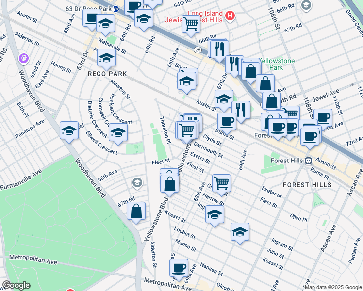 map of restaurants, bars, coffee shops, grocery stores, and more near 67-25 Exeter Street in Queens