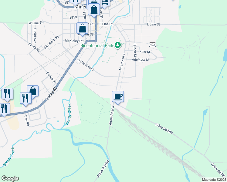 map of restaurants, bars, coffee shops, grocery stores, and more near 609 Murray Avenue in Minerva