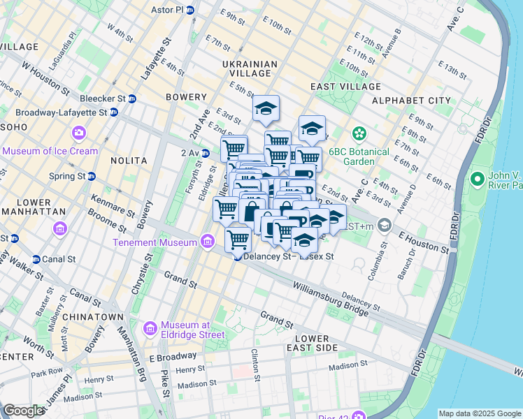 map of restaurants, bars, coffee shops, grocery stores, and more near 138 Stanton Street in New York